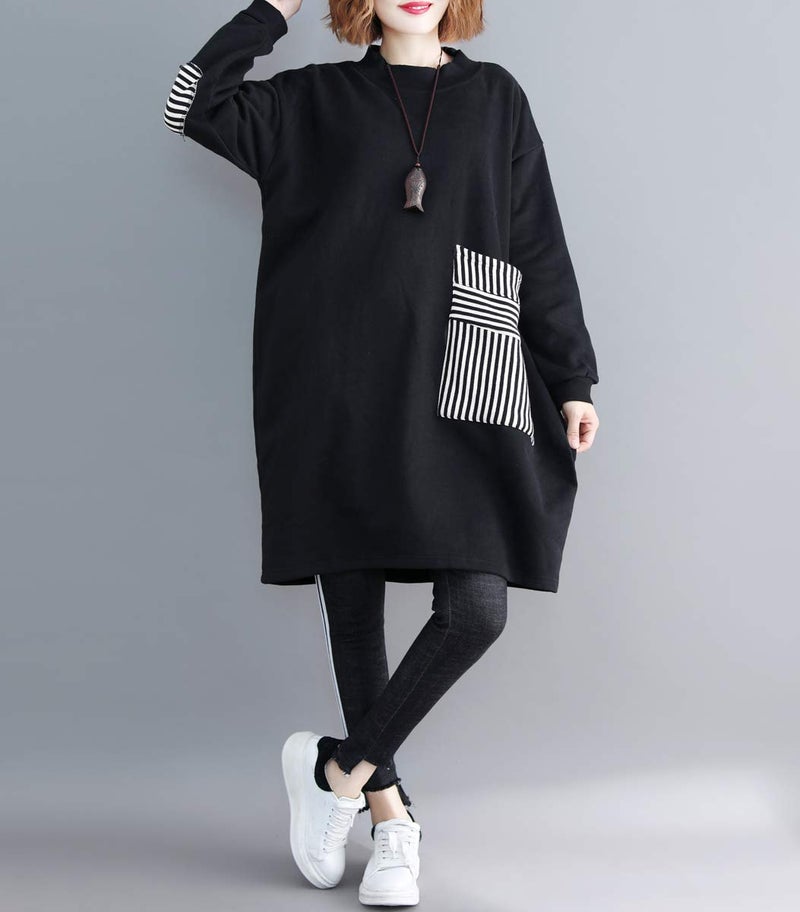 ellazhu Women's Striped Pocket Casual Crewneck Long Sleeve Pullover Sweater Swatershirt GA1271 Black - Image 5